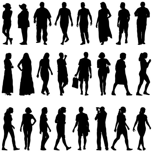 Silhouettes noires de beaux hommes et femmes sur fond blanc — Image vectorielle