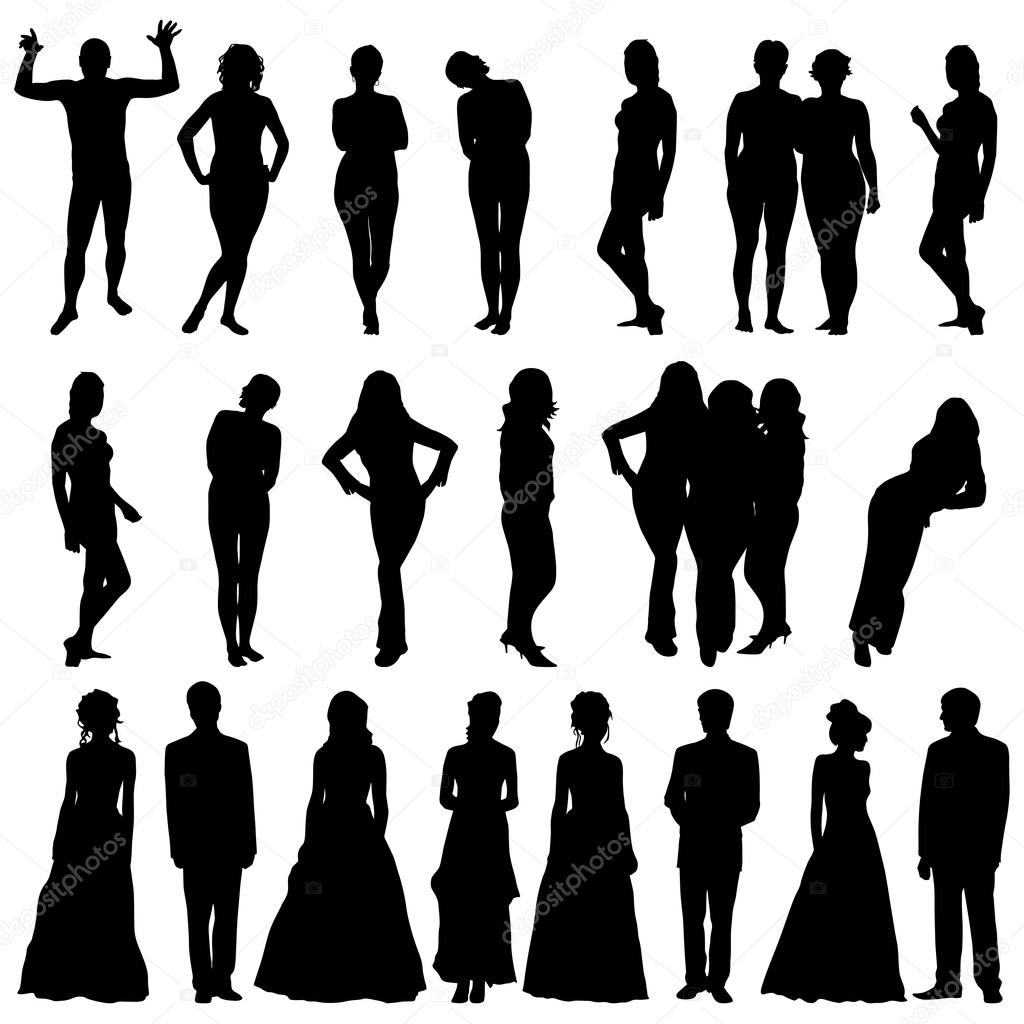 Black silhouettes of beautiful mans and womans on white backgrou