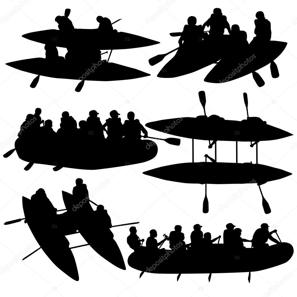 Silhouette collection people rafters on boats,  catamaran and ka