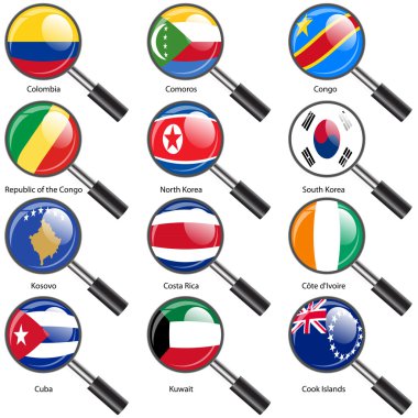 Set Flags of world sovereign states magnifying glass il