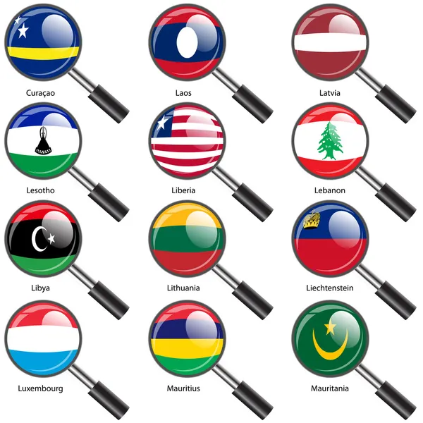 Set Flags of world sovereign states magnifying glass il — Zdjęcie stockowe