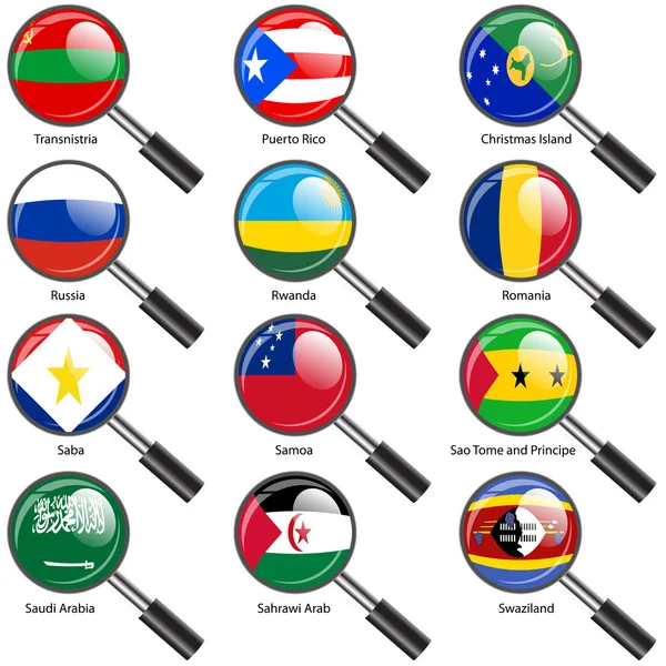Set Flags of world sovereign states magnifying glass — ストック写真