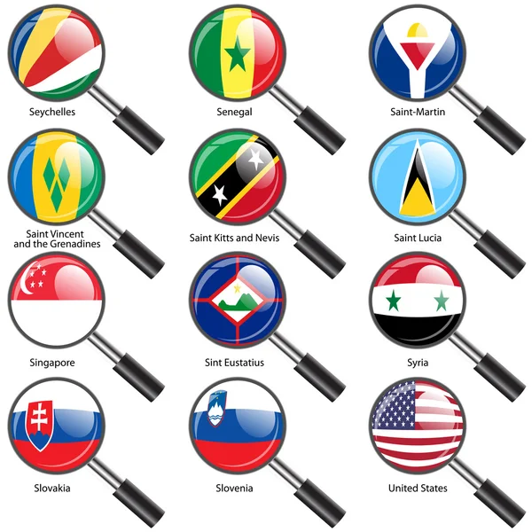 Set Flags of world sovereign states magnifying glass il — Zdjęcie stockowe