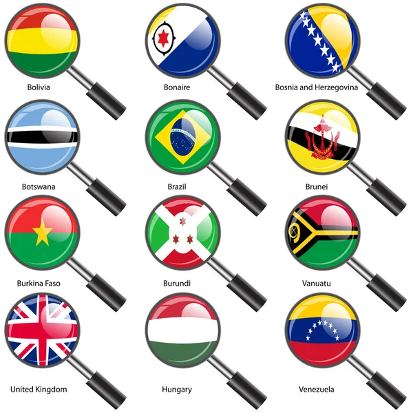 Set Flags of world sovereign states magnifying glass il — Stockfoto