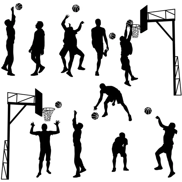 Zwarte silhouetten van mannen spelen basketbal op een witte pagina — Stockvector