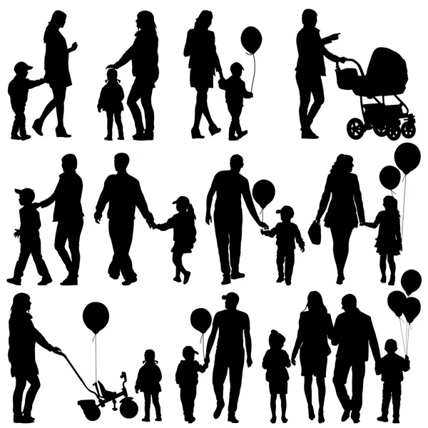 Set nero di sagome di genitori e bambini su sfondo biancogr — Vettoriale Stock