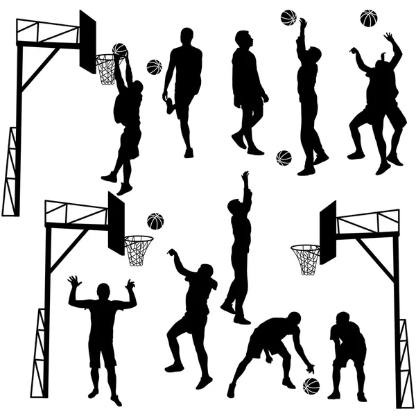 Zwarte silhouetten van mannen spelen basketbal op een witte pagina — Stockvector