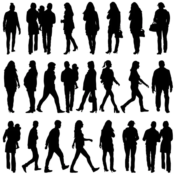 Silhouettes noires de beaux hommes et femmes sur fond blanc — Image vectorielle