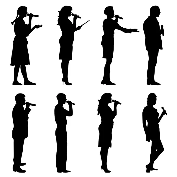 Silhouettes noires d'hommes et de femmes chantant karaoké sur blanc b — Image vectorielle