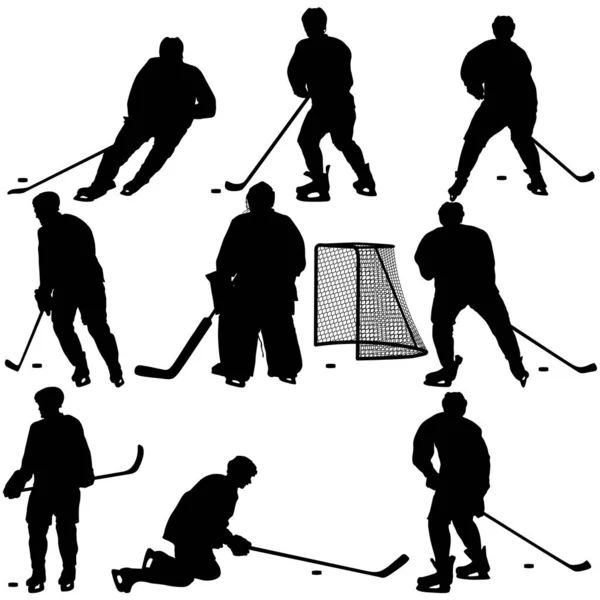 Uppsättning Silhuetter Hockeyspelare Vit Bakgrund — Stock vektor