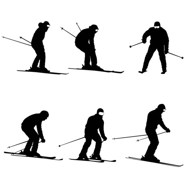 Set Ski Montagne Excès Vitesse Sur Pente Sport Silhouette — Image vectorielle