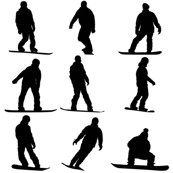 Set Silhouette Nere Snowboarder Sfondo Bianco — Vettoriale Stock