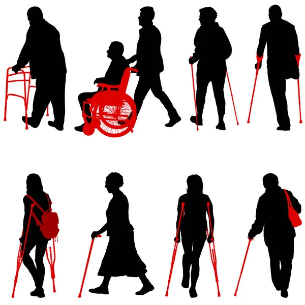 Set Silhouette Disabled People White Background — Stock Vector