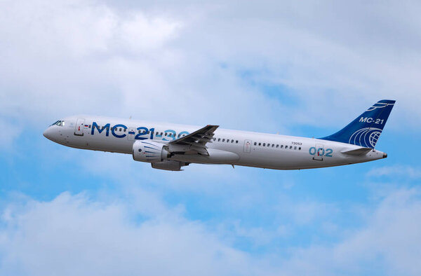 Moscow Russia Zhukovsky Airfield 25 July 2021: Irkut MS-21 new Russian civil airliner the international aerospace salon MAKS-2021.