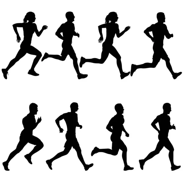 Ensemble Silhouettes Runners Sur Sprint Hommes Femmes Sur Fond Blanc — Image vectorielle