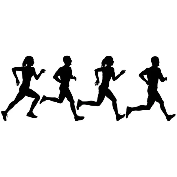 Set Silhouettes Runners Sprint Men Women White Background — Stock Vector