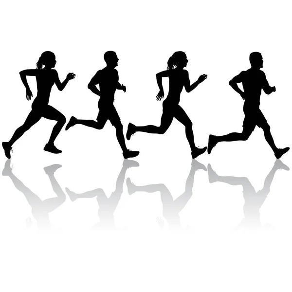 Siluet Seti Hızlı Koşucular Beyaz Arka Planda Kadınlar Erkekler — Stok Vektör
