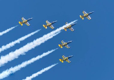Moskova Rusya Zhukovsky Havaalanı 31 Ağustos 2019: Baltık Arıları akrobatik takımından Aero L-39C Albatros Uluslararası Havacılık Salonu MAKS-2019 gösteri uçuşunu gerçekleştiriyor.