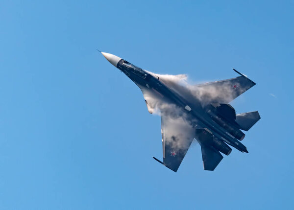 Moscow Russia Zhukovsky Airfield 25 July 2021: aerobatic Su-30 perfoming demonstration flight of the international aerospace salon MAKS-2021.