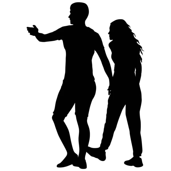 Silhouette Man Woman Walking Hand Hand — Stock Vector