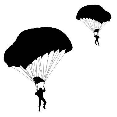 Paraşütçü, siluetler beyaz arkaplanda paraşütle atlıyor.