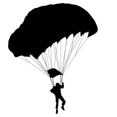 Paraşütçü, siluetler beyaz arkaplanda paraşütle atlıyor.