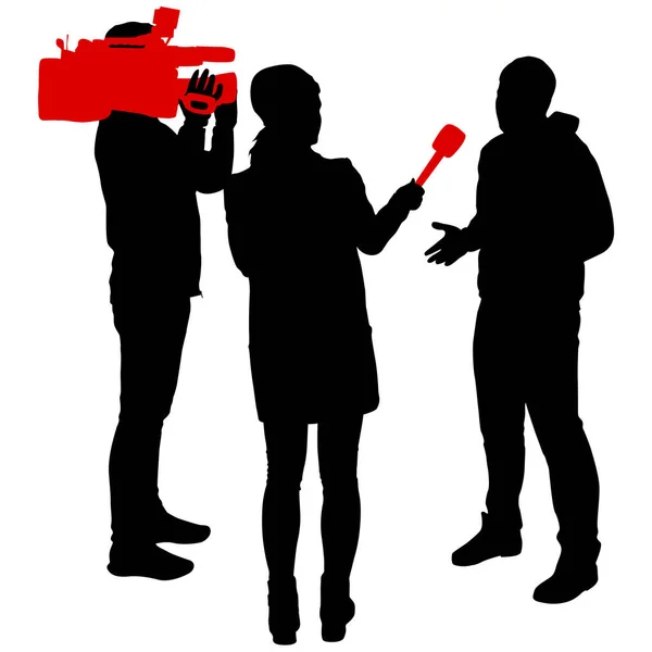 Silhouette Opérateur Enlève Journaliste Avec Microphone Sur Fond Blanc — Image vectorielle