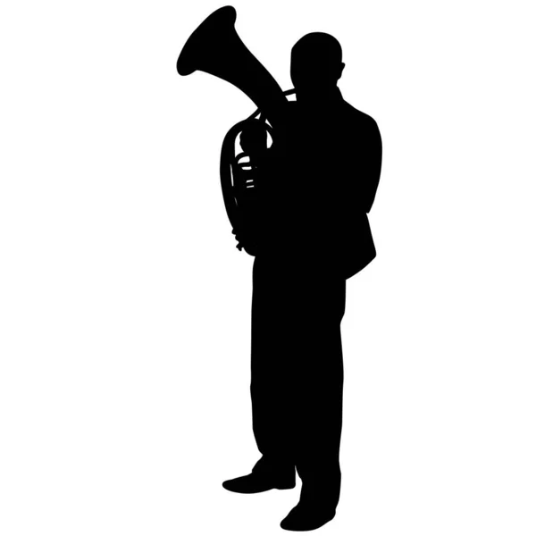 白い背景でチューバを演奏するミュージシャンのシルエット — ストックベクタ