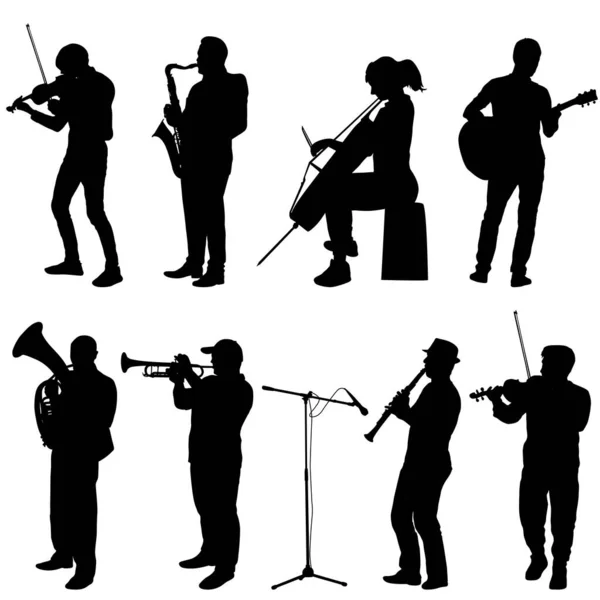 Silhouettes Utcai Zenészek Játszanak Hangszerek Fehér Alapon — Stock Vector