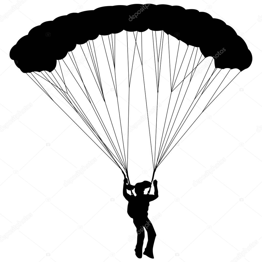 Skydiver, silhouettes parachuting on white background.