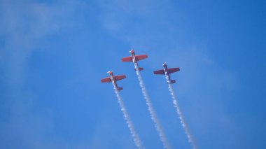 Moskova Rusya Zhukovsky Havaalanı 31 Ağustos 2019: Aerobatik uçak Yak-52 Uluslararası Havacılık Salonu MAKS-2019.