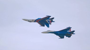 Moskova Rusya Zhukovsky Havaalanı 31 Ağustos 2019: Su-30 uçaklarındaki 