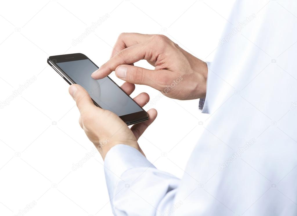 Close up of young man using smart phone