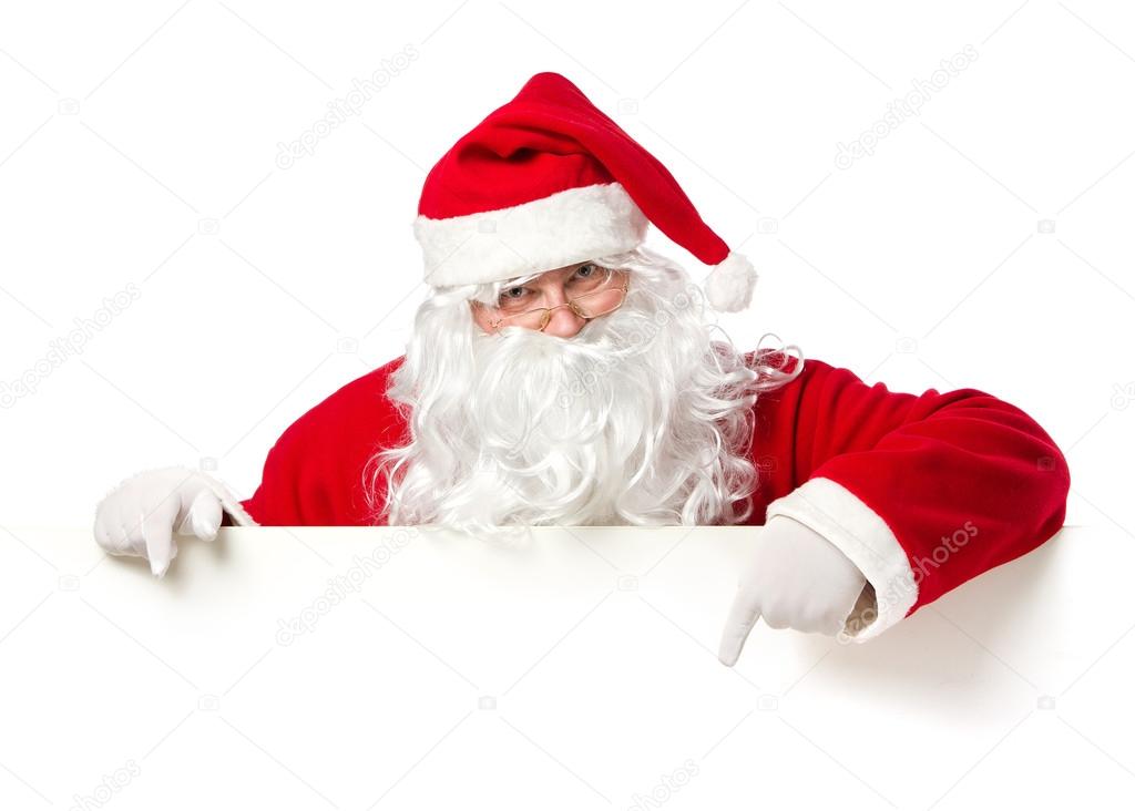 Santa Claus pointing on blank banner