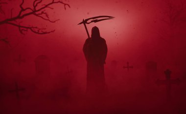 Silhouette of a grim reaper on a grave yard, halloween concept clipart