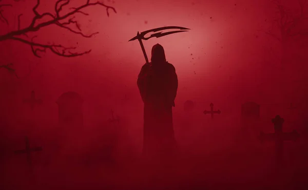 Silhouet Van Een Grimmige Maaier Een Begraafplaats Halloween Concept — Stockfoto