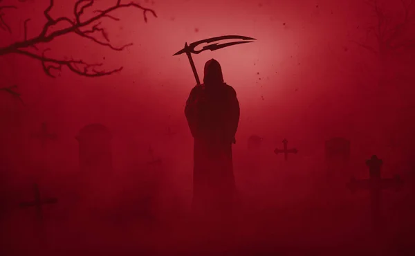 Silhouette Eines Sensenmannes Auf Einem Friedhof Halloween Konzept Stockbild