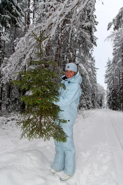 Girl snow fir spruce — Stock Photo, Image