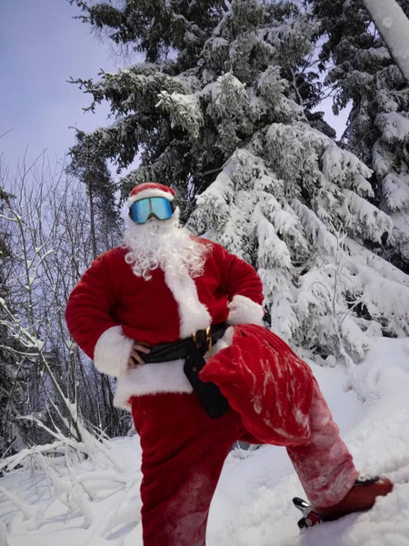 Retrato Santa Claus Gafas Esquí Bosque Invierno Tiempo Navidad Imagen de stock
