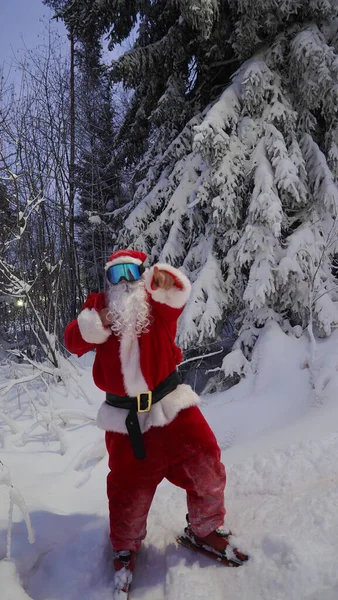 Retrato Santa Claus Gafas Esquí Bosque Invierno Tiempo Navidad Fotos de stock