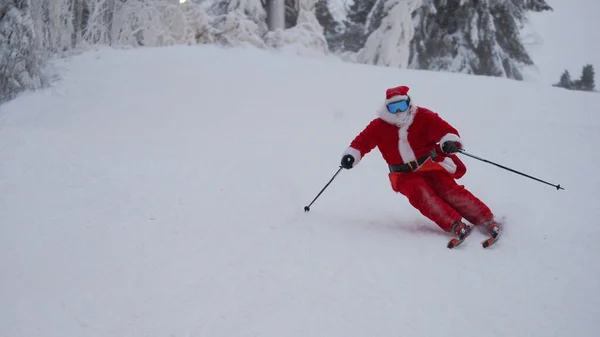Santa Claus Esquiador Alpino Esquí Alpino Cuesta Abajo Bosque Nevado Imagen de archivo