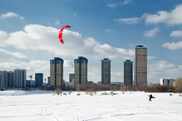 Snow kiting on a frozen lake in Moscow Stock Photo