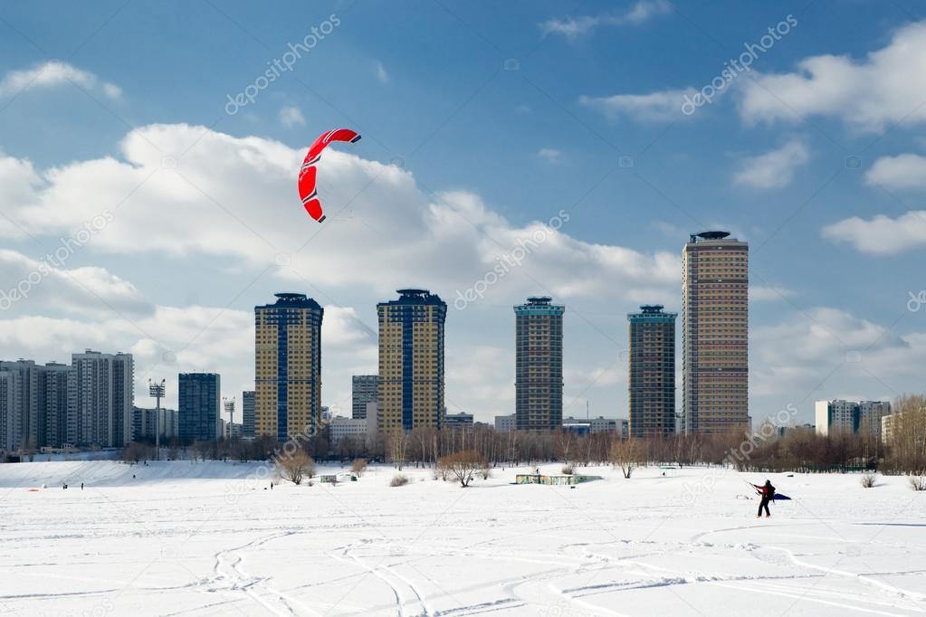 Snow kiting on a frozen lake in Moscow