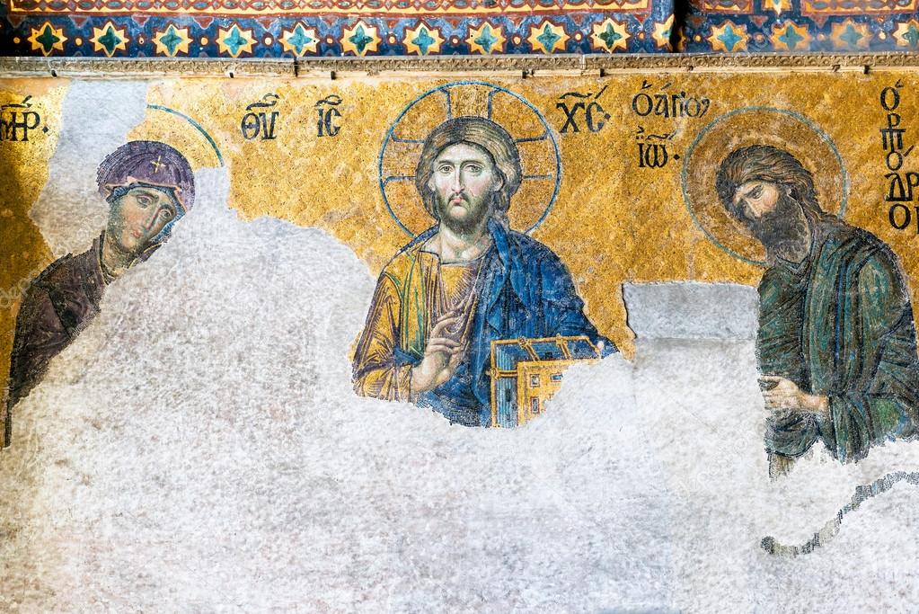 Ancient mosaic inside the Hagia Sophia in Istanbul, Turkey