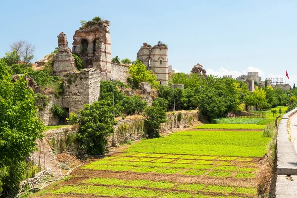 The ruins of famous ancient walls of Constantinople in Istanbul, — Stock Photo, Image