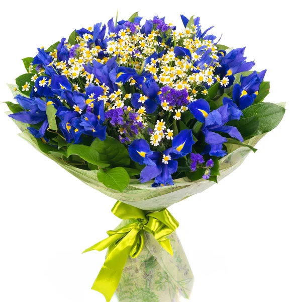 Bouquet of blue irises and daisies — Stock Photo, Image