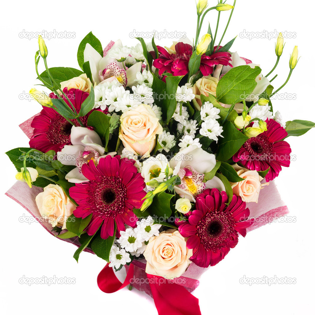 Bouquet of red roses and gerberas