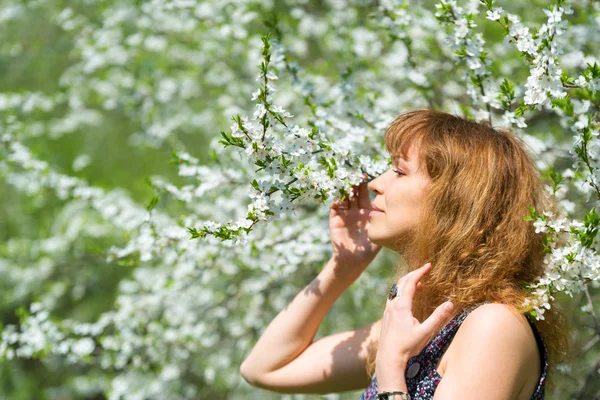 Junge Frau und Kirschblüte — Stockfoto