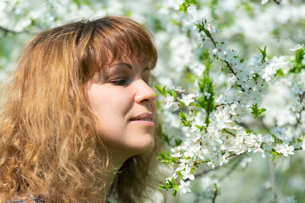 Frau und Kirschblüte — Stockfoto