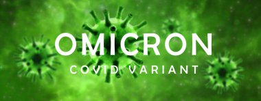 Omicron COVID-19 varyant pankartı, 3D illüstrasyon. Hücrelerdeki mikroskobik koronavirüs görüntüsü. Bilim virolojisi, tehlike, aşı araştırması, korona virüsü mutasyonu ve COVID19 salgını haberleri.
